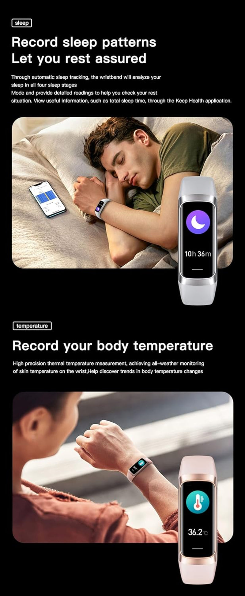 Keep Health Fitness Trackers for Women Men, Amoled Fitness Tracker for Android&Ios, Alarm Stopwatch Fitness Tracker with Blood Pressure Monitor, Calories Burned IP68 Waterproof Fitness Step Tracker